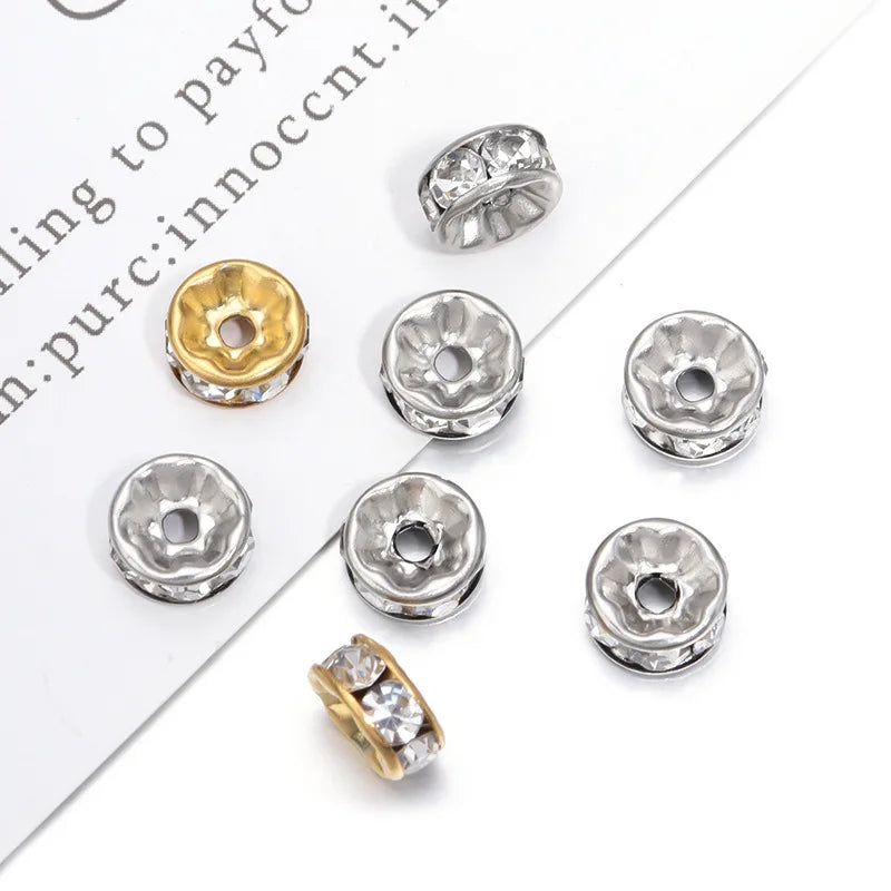New in Gold Color Spacer Loose Bead Charms Stainless Steel Crystal Spacer Beads With Rhinestone for Jewelry Making DIY Bracelet