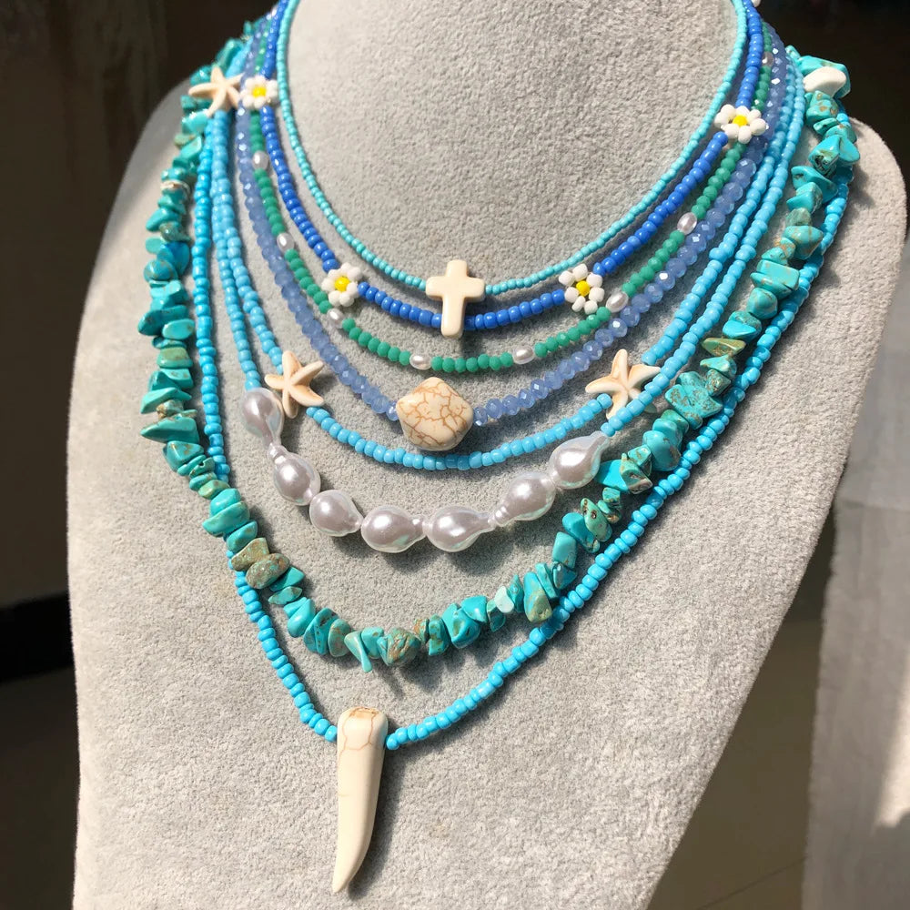 TongLing Handmade Miyuki Flower Starfish Bead Necklace Boho Pearl Turquoise Bead Necklace for Women