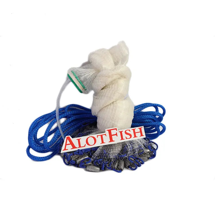 AlotFish 8FT 10mm (3/8" Mesh) 0.75lb Drawstring Double Knot 100% Nylon White/Green Throw Fishing Cast Net Environmental Sinkers