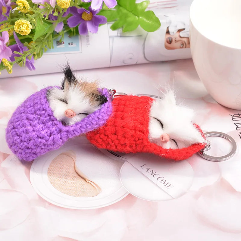 GT New Design Cute Sleeping Cat Key Chain Soft Cute Furry Puff Ball Key Rings for Girls