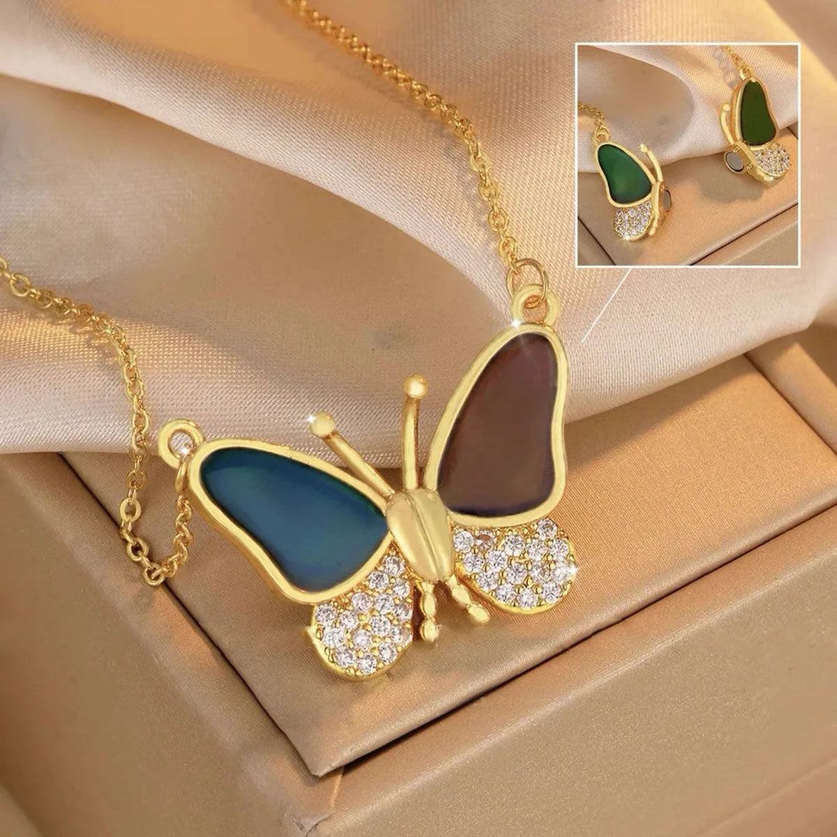 SC Wholesale Trendy Stainless Steel Necklace Fashion Gold Zircon Necklace Vintage Thermochromic Magnetic Butterfly Necklace
