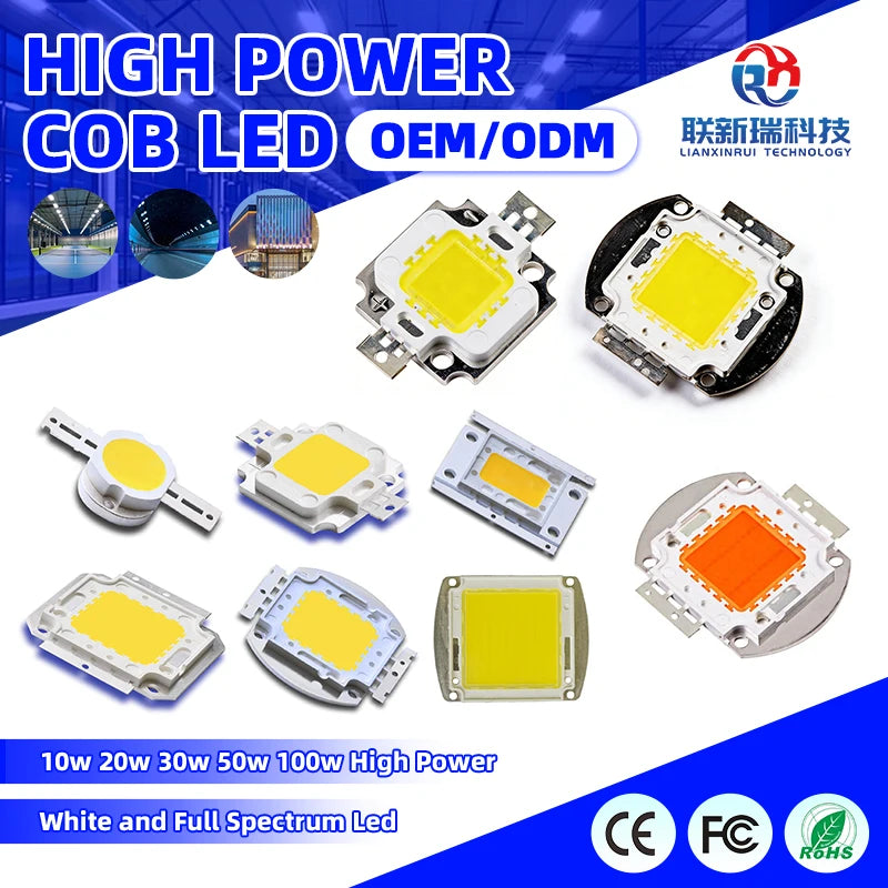 Manufacturer Cob Led Chip 10w 20w 30w 50w 100watt 12v 30-34v High Power Rgb White Red Blue Customized Led Chip