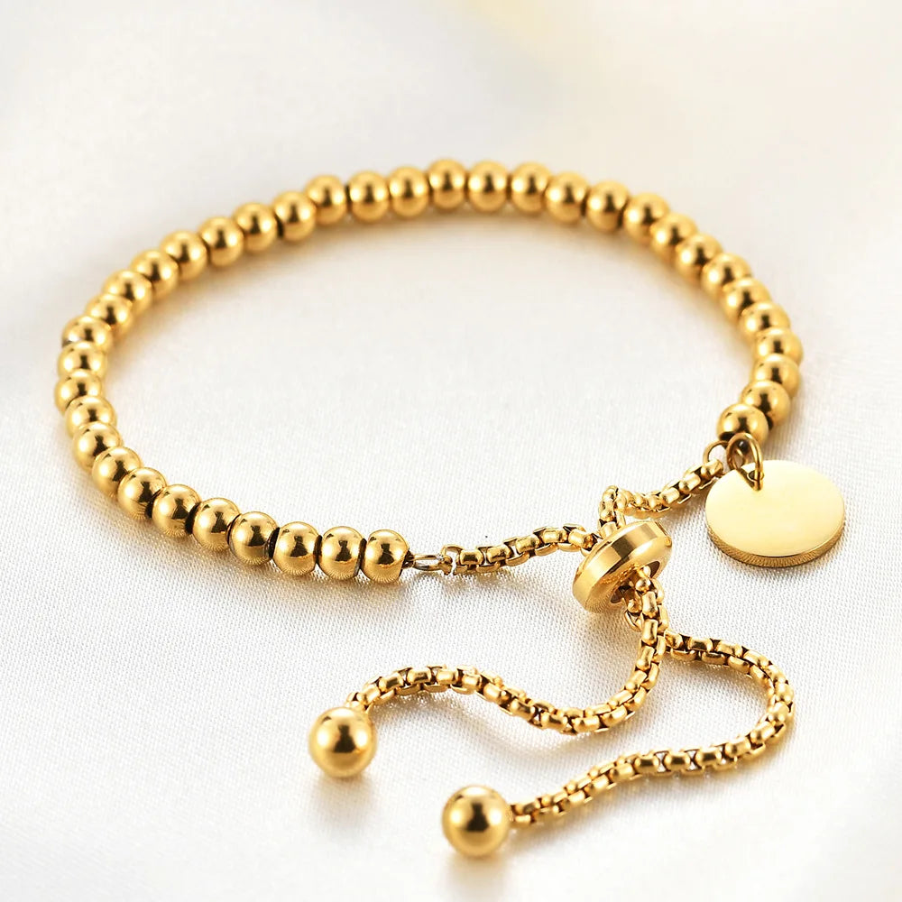 New Stainless Steel Round Lettered  Pendant Bracelet with Adjustable Beaded Bracelet for Ladies