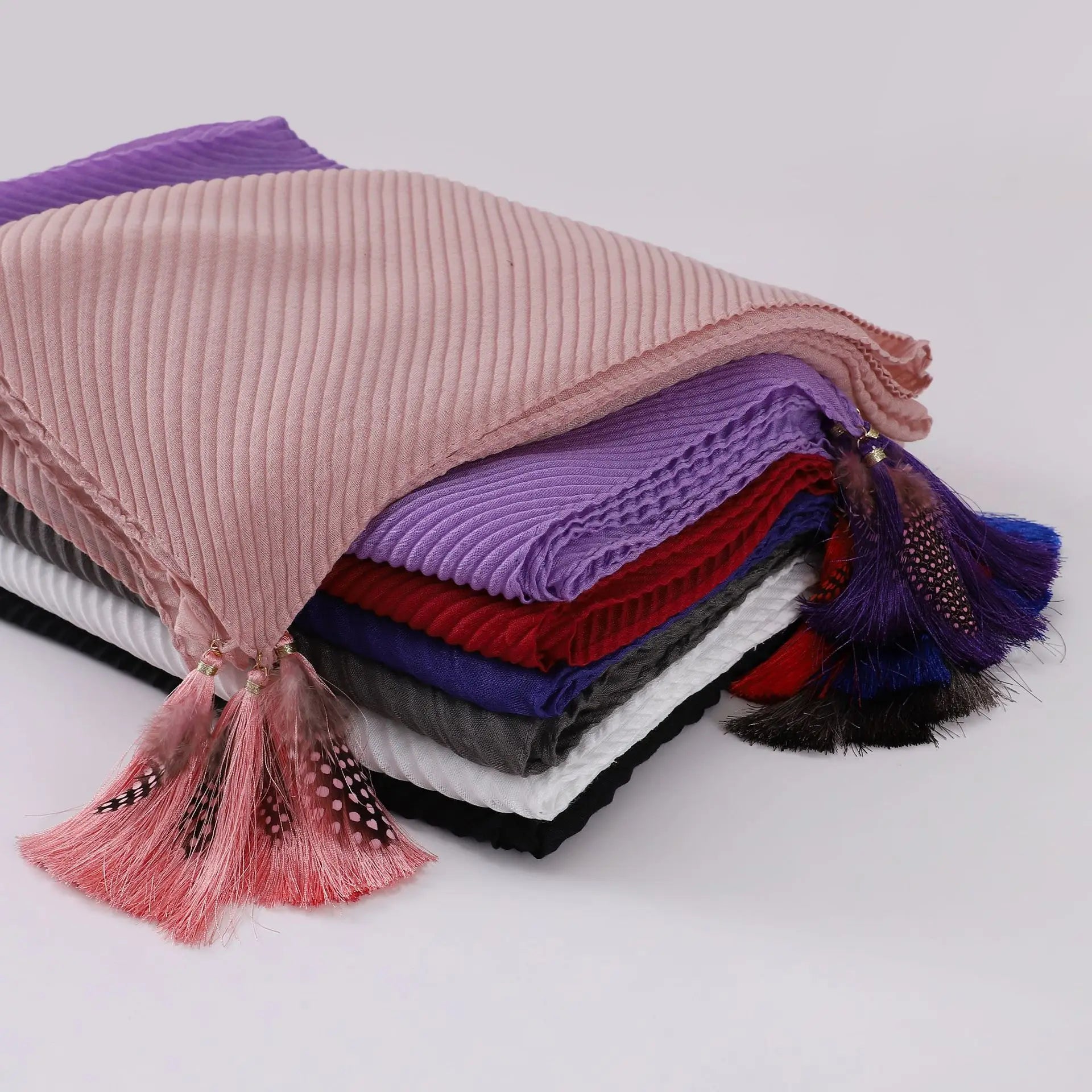 Zifeng OEM New Muslim Women's Four Corner Feather Tassel Pleated TR Cotton Scarf