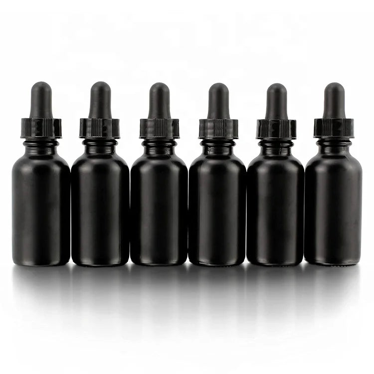 1oz 30ml Matt Black Boston Round Glass Bottle with 1ml Calibrated Glass Dropper 30 ml Glass Dropper Bottle