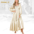 Wholesale New Designed Glowing Girl Gold Skirt Square Neckline High Class Gorgeous Single Tier Fashion Women Casual Maxi Dresses