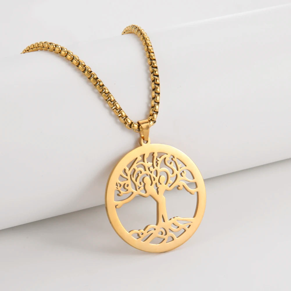 Popular Fashion Women Disc Design Jewelry 18k Gold Plated Stainless Steel Tree of Life Pendant Necklace