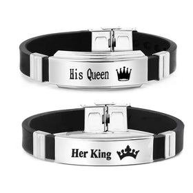 Personalized Stainless Steel Her King His Queen Crown Engraved Silicone Couple Bracelet Set for Gifts