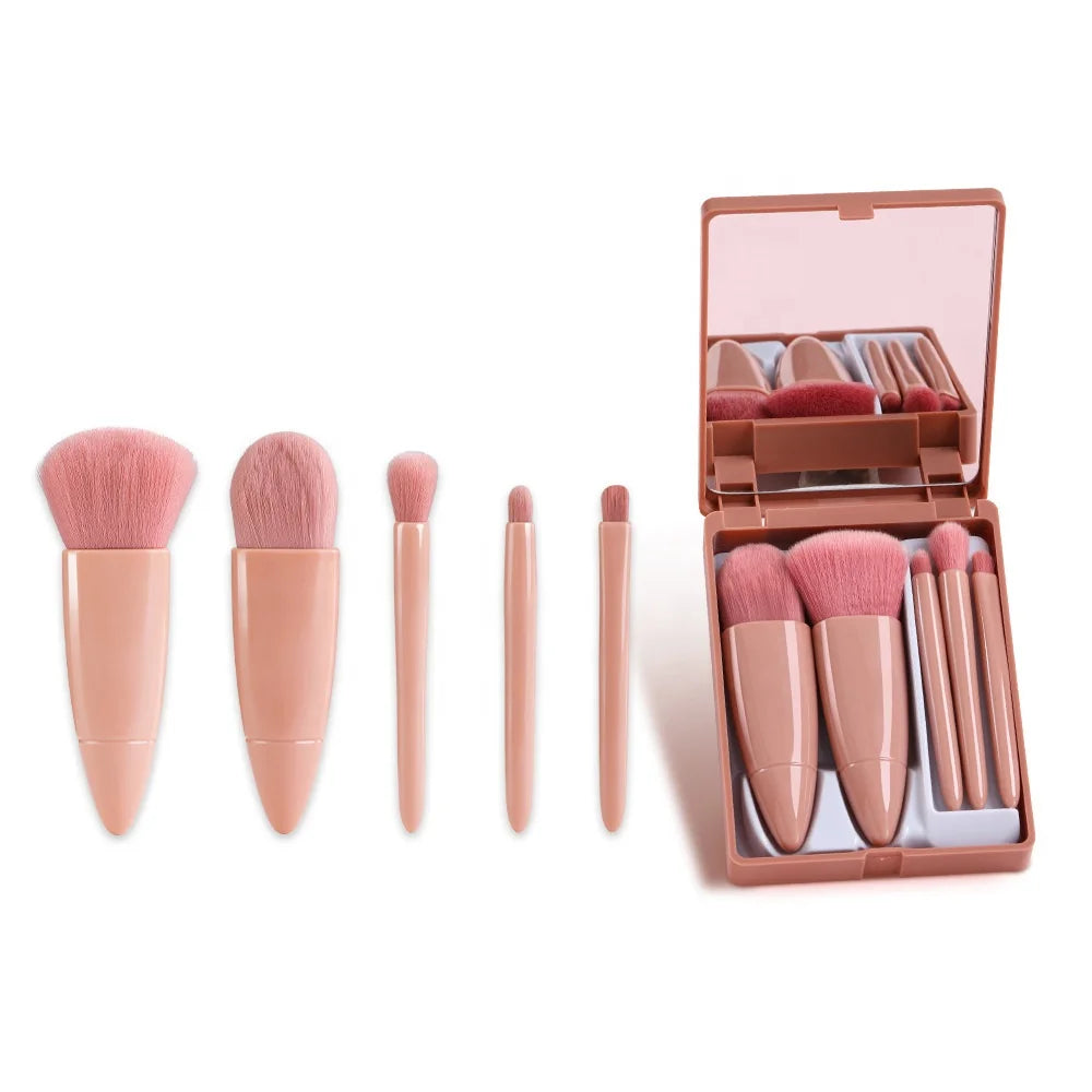 Professional 5Pcs Portable Small Makeup Brush Travel Makeup Brushes Set with Makeup Mirror Case