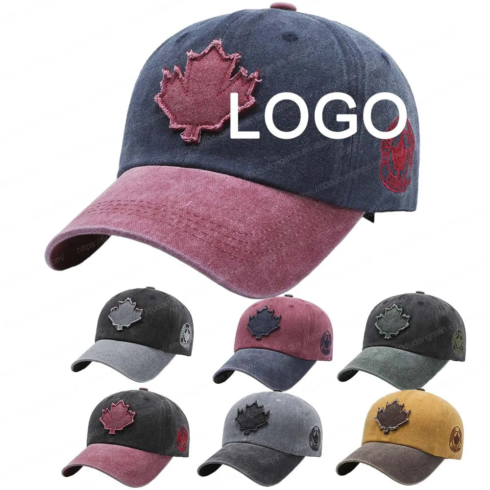 Custom 3D Embroidery Vintage Logo Maple Leaf Canada Adjustable Strap Back Trucker Hats Washed Baseball Caps