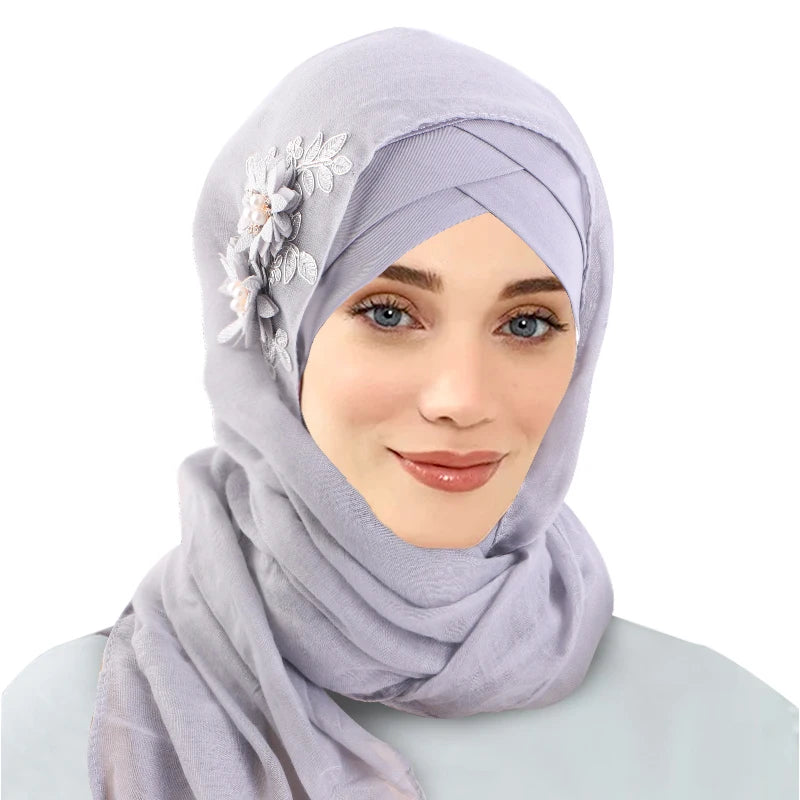 Luxury Muslim Hats With Flower Accessories Ethnic Headscarf Breathable Cotton Hijab Pearl Headwraps