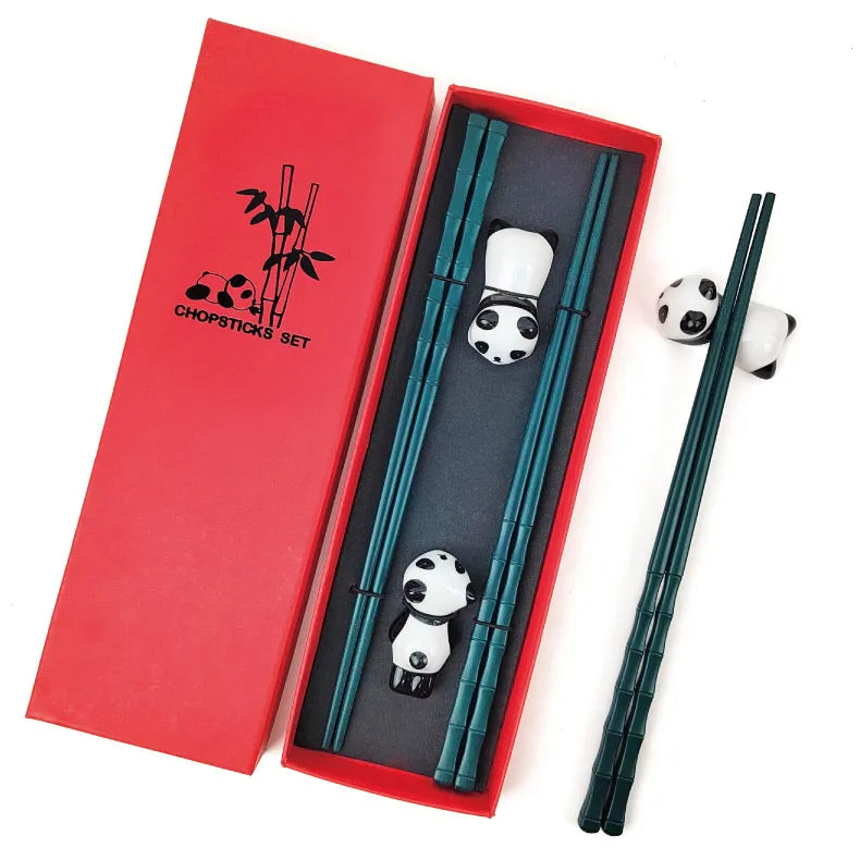 Hot Sell Bamboo Knot Design GlassFiber Chopsticks With Ceramic Panda Rest Gift Set