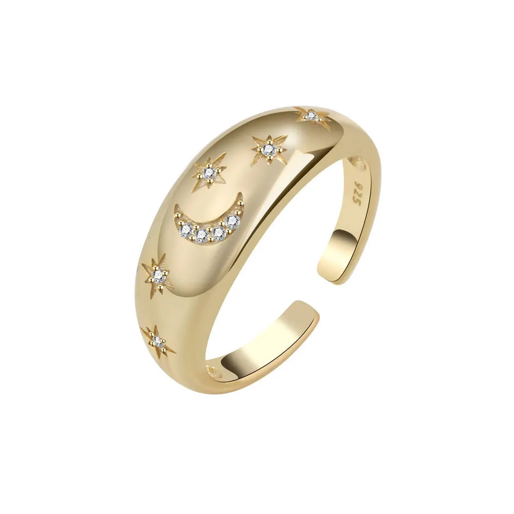Daidan Adjustable Ring 925 Sterling Silver Dome Gold Plated Jewelry Resizeable Moon Star Zircon Ring