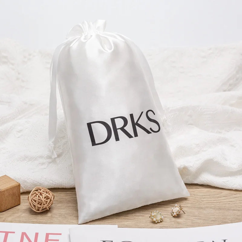 Custom Satin White Gift Wig Storage Packaging Bags Drawstring Custom Size Silk Screen Printing for Hair Extensions Dust