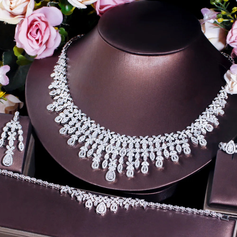 4pcs Full CZ Paved Big Statement Dubai Luxury Tassel Necklace Earring African Bridal Wedding Party Dinner Jewelry Sets for Women