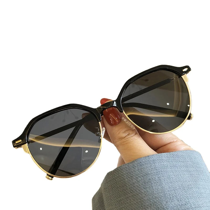 New Retro Half Frame Polarizer with Trendy and Small Face Style Street Concave Shaped Sunglasses