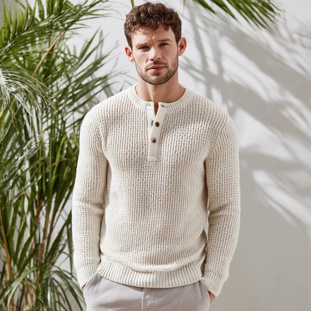 Men's Cotton-Linen Textured Henley Sweater Casual Spring Knit