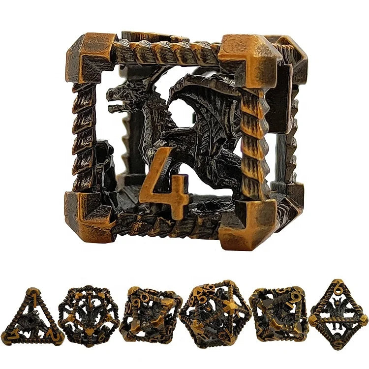 Premium DND RPG Hollow Metal Dice Heroquest Movie Ttrpg Dice Set with Dragon Inside