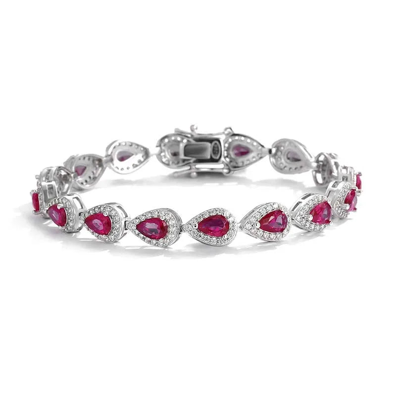Delicate 4*6mm Pear Cut Red Ruby Tennis Chain Bracelet 925 Sterling Silver Women Bracelet