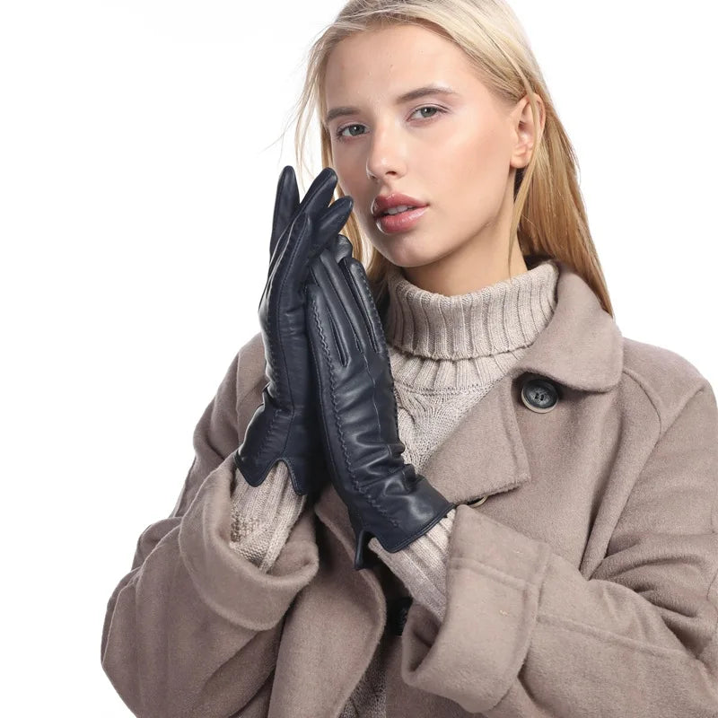 Wholesale Ladies Colorful Goatskin Gloves Fashion Winter Warm Fleece-Lined Outdoor Genuine Leather Plain