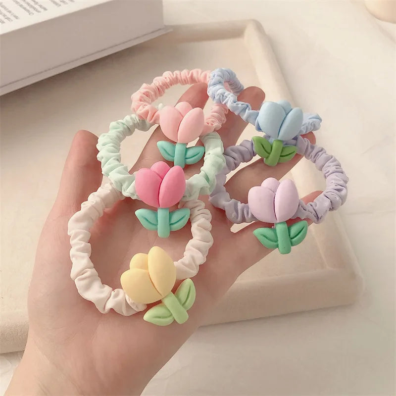 Sweet Tulip Flower Scrunchie Simple Girl Hair Small Small Circle Cute Girl Ponytail Rope Age Reduction Headdress