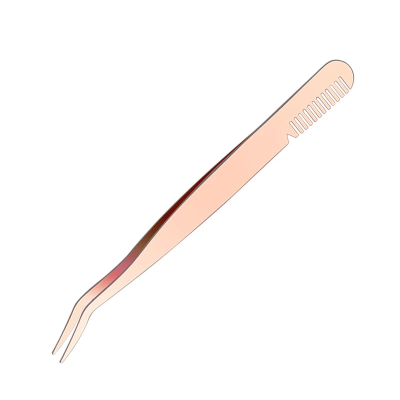 New Design Stainless Steel Beauty Tools Slanted Tip Eyelash Clip and Eyebrow Comb Tweezers in Rose Gold