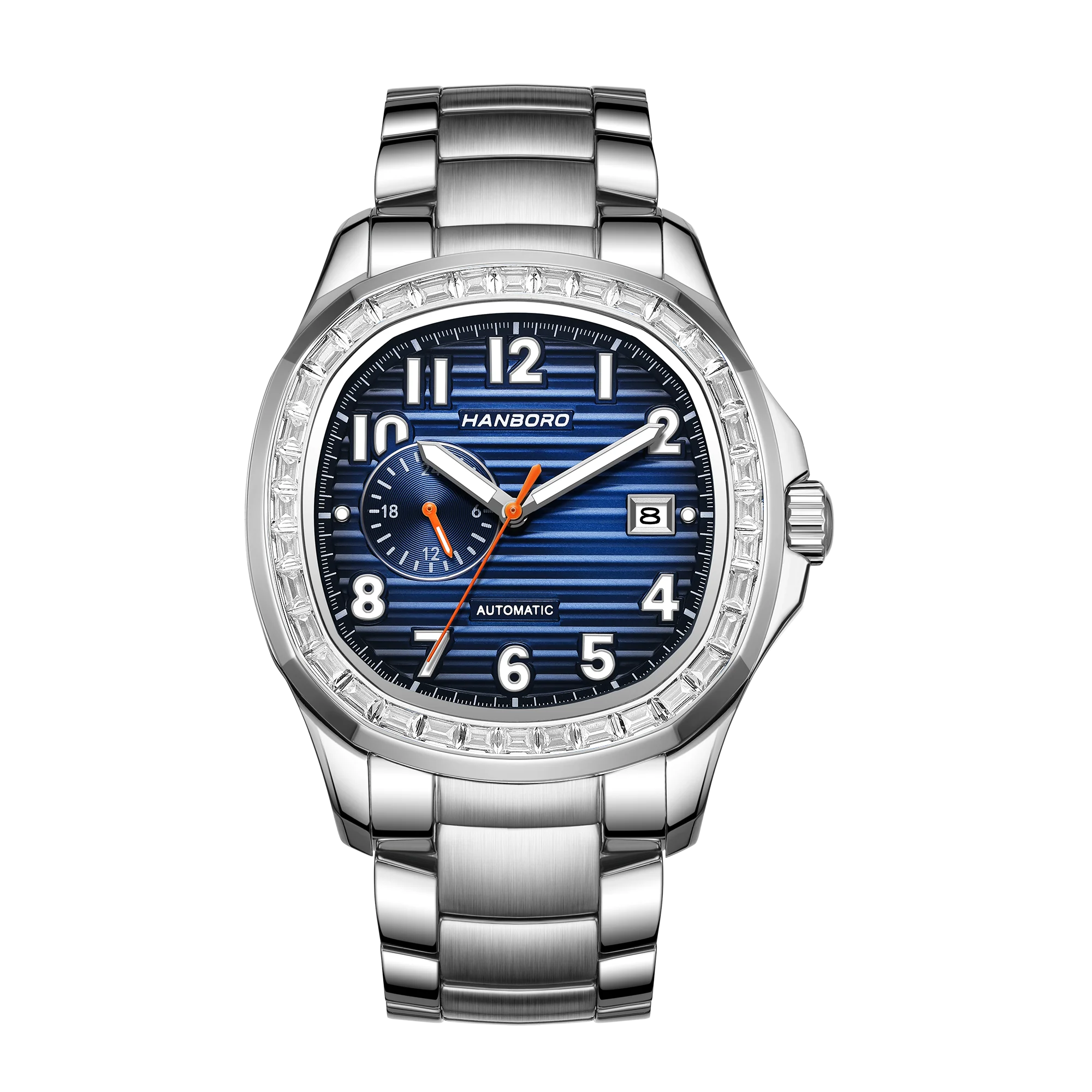 HANBORO Men's Automatic Mechanical Stainless Steel Watch Cowry Shell 24 Hours Display Diamond Bezel 22mm Water Resistant 5BAR