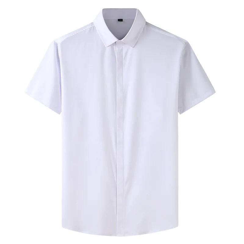 2023 Large Size Men's Short Sleeve Shirt Fat Man Summer Business Casual Thin Solid Color Shirt