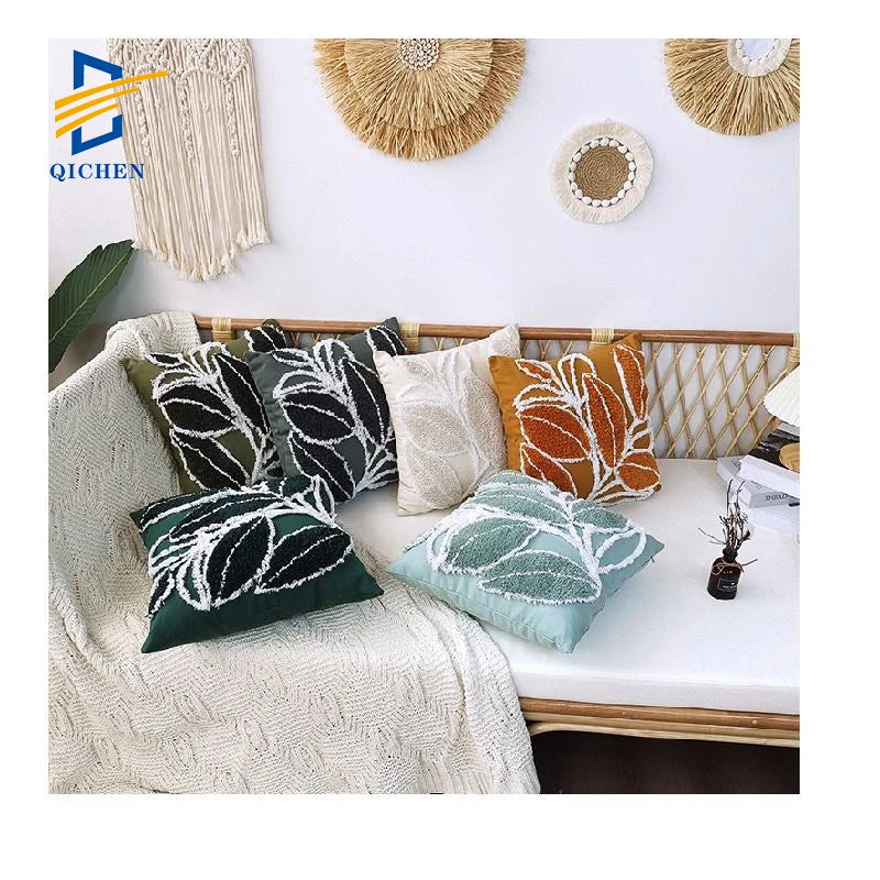 Tufted  Customized Tassels Boho Throw Pillow Case Embroidery Bohemian  Cushion Covers Home Decoration Nordic Leaves Leaf Nature