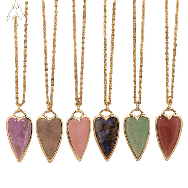 Luxury Necklace Natural Gemstone Heart Long Pendant Healing Crystal Chakra Jewelry  Anniversary Gift