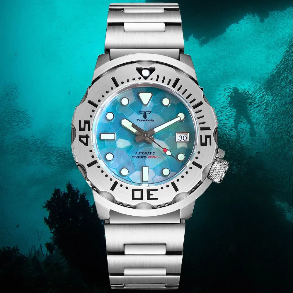 NH36 Monster Dive Mechanical Men Watch Sapphire Crystal Steel Band Tandorio Brand Diver Wristwatch  MOP Dial Business Clock