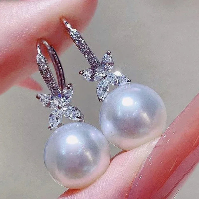 CAOSHI Elegant Flower Design Cubic Zirconia Pearl Earring for Wedding Fashion Party Silver Plated CZ Drop Earrings Women Jewelry
