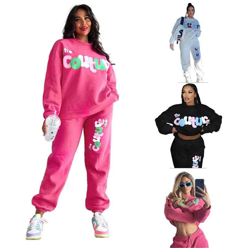 Women Knitt Print Long Sleeve Sweat t Shirt Pants Set Fall Winter New Fashion Athleisure Womens Wear Two Piece Ladies Sets