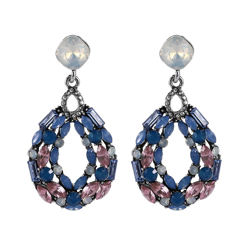 Statement Diamond Opal Dangle Earrings Oval Water Drop Design with Big Hollow Rhinestone Earrings