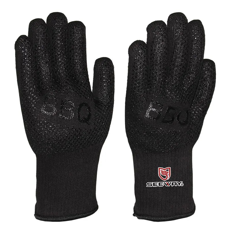 Seeway Black Cotton Heat Resistant Silicone Coated BBQ Grilling Gloves for Oven Barbecue Smoking Dishwasher Safe