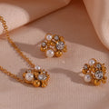 Dreamshow Dainty Flower Shape 18K Gold Plated Pendant Necklace and Stud Earring Set Zircon & Pearl Stud Earring