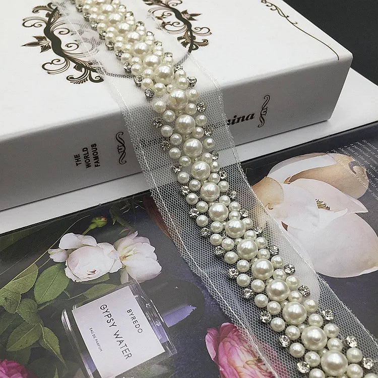 Trims for Sewing Rhinestone Beaded Lace Trim for Wedding Dress Chaton Claw Setting Rolls White 3D Beaded Pearl Lace Trim