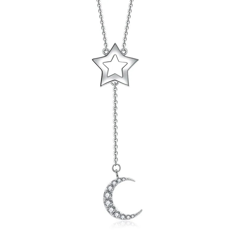 Hot Sale Wholesale 925 Sterling Silver Diamond Moon and Star Pendant Necklace Sweet Jewelry for Women