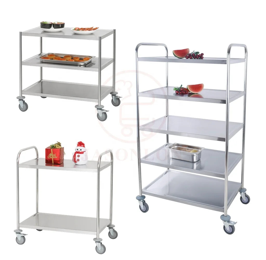 5 Tiers Stainless Steel Serving Food Trolley Dish Clearing Trolley for Hotel & Restaurant Use