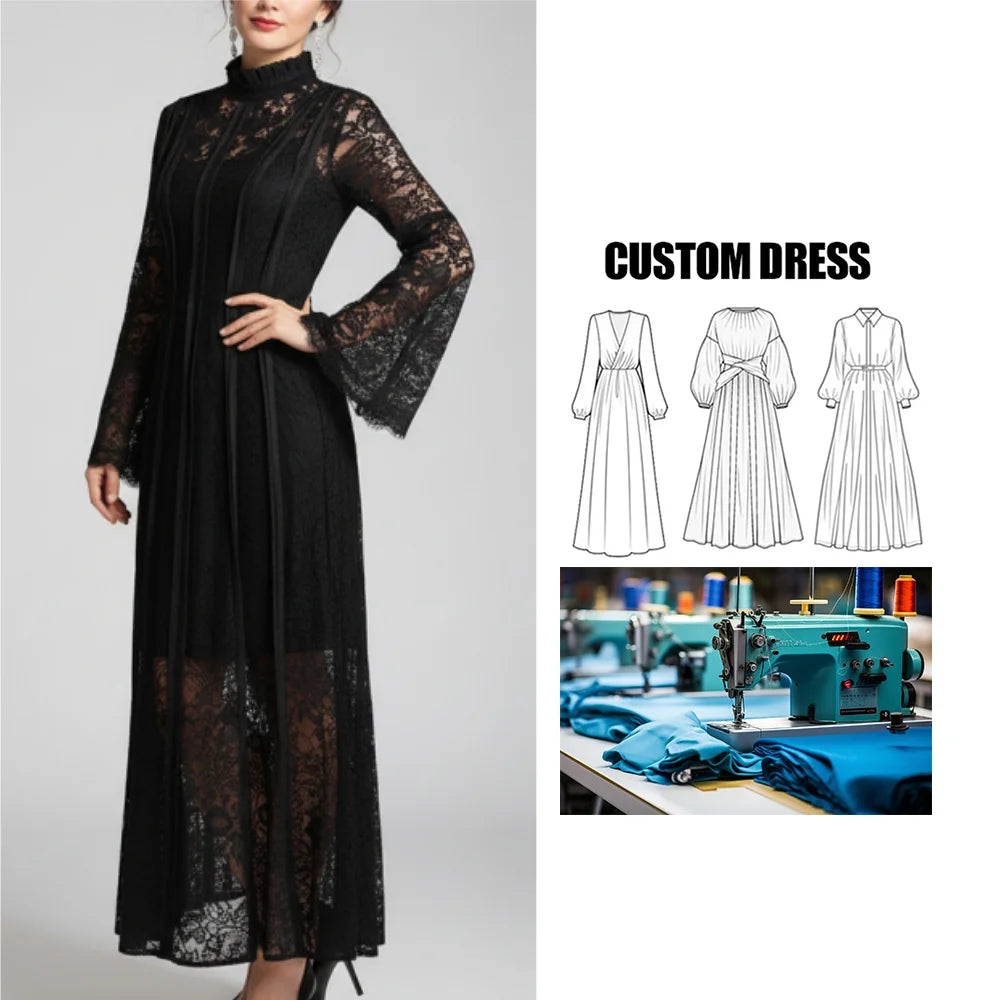Brand Custom Women's Vintage White Pink Lace Dress Allover Crochet Embroidery Floral Pattern Flare Sleeves Ruffle Maxi Dress