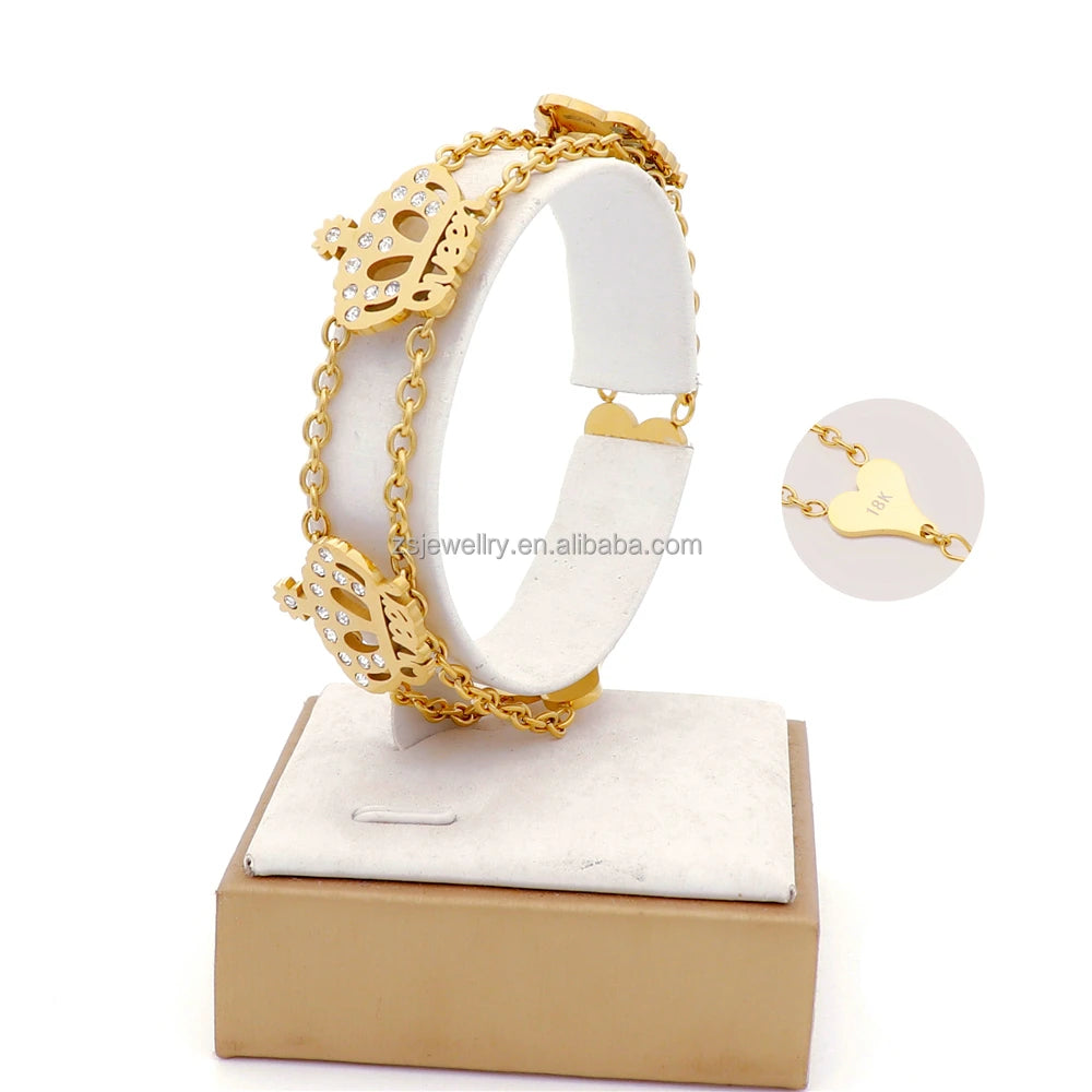 Stainless Steel 18K Gold Plated Women's Bracelet Cute Crown Shaped Diamond for Girls Featuring Zircon Main for Anniversaries