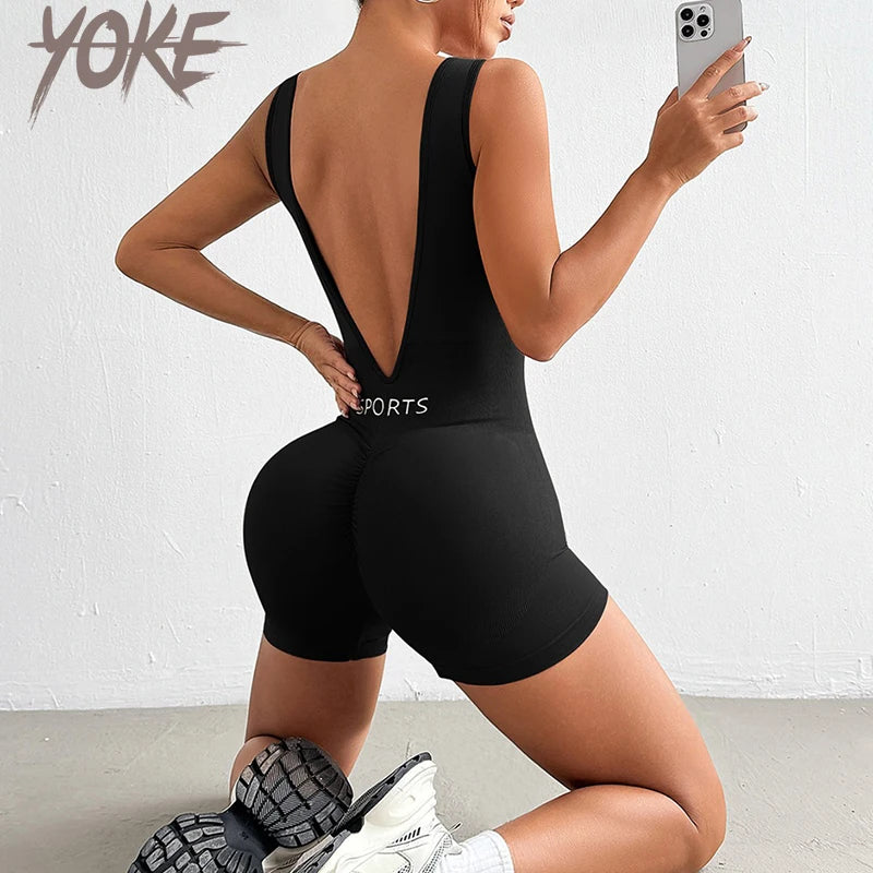 Yoke Popular  Woman Gym Yoga Jumpsuit Deep V Waist Yoga Bodysuits Women Fitness Tight Sportswear Workout Jumpsuit for Women