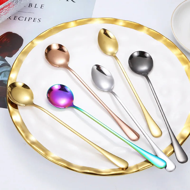 Wholesale Colorful Ice Cream Spoon Set Stainless Steel Long Handle Gold Stirring Spoon