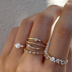VKME Vintage Gold Color Pearl Rhinestone Zircon Ring Set for Women Jewelry