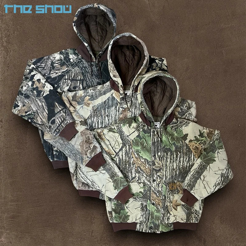 Custom Vintage Camouflage Hooded Jacket All Over Print Zip Sublimation  Hunting Outdoor Winter Jacket Real Tree Camo Jacket Men