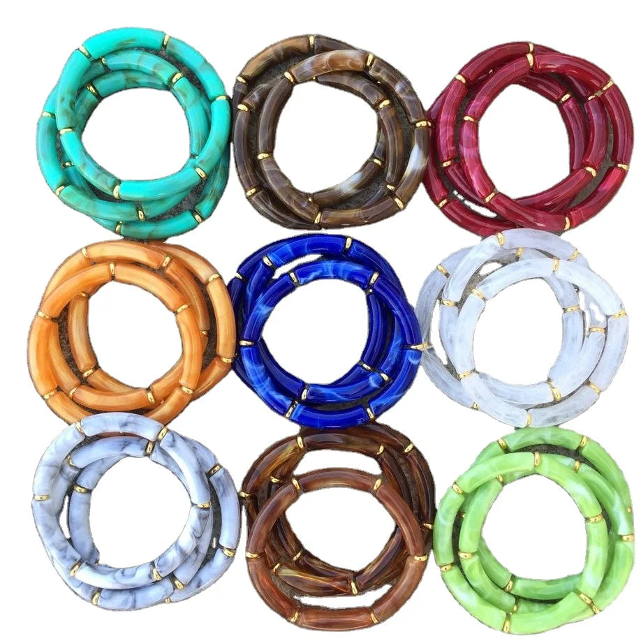 Casual Sporty Round Big Stretched Bracelet Mixed Color Acrylic Small Gold Oval Septa Bright Bamboo Tube Beads Bracelets Bangles