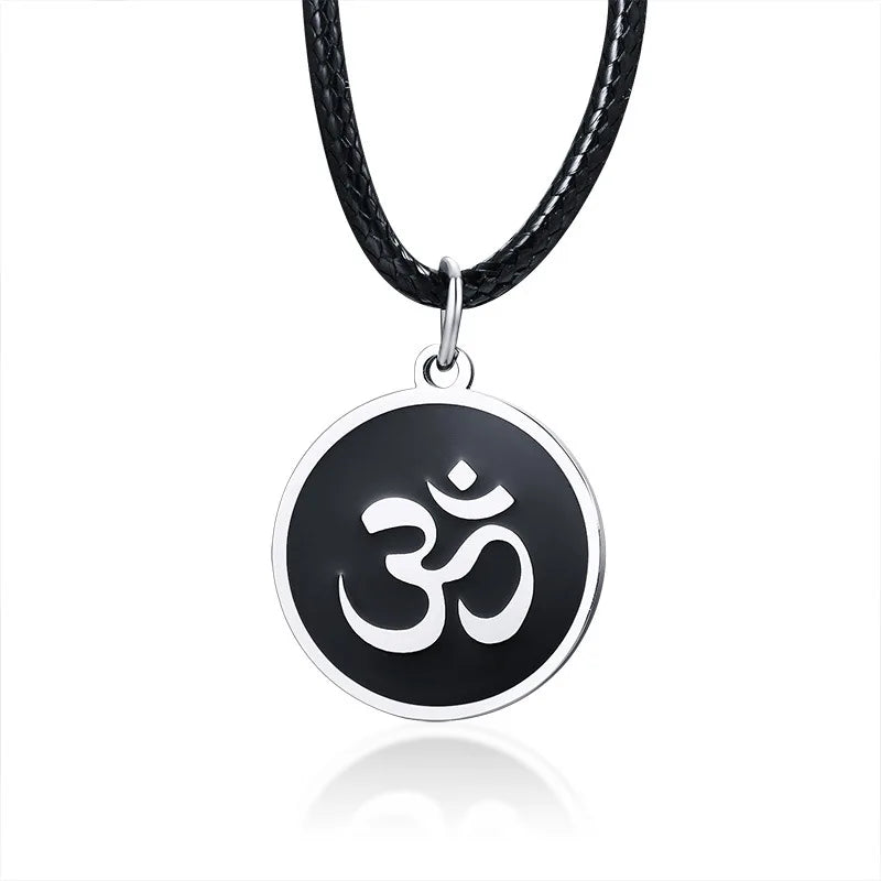 Stainless Steel Om Symbol Necklace for Men Black Leather Rope Chain Enamel Hindu Hinduism Om Round Disc Pendant Necklace
