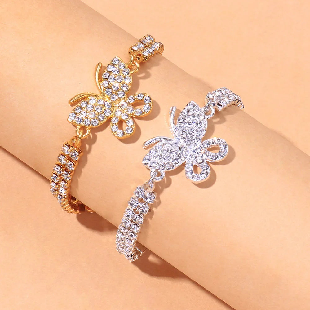 Hip Hop Style Gold Plated Anklet with Rhinestones Cuban Chain Butterfly Design Bling Bling Bling Jewelry for Girls Made of Alloy