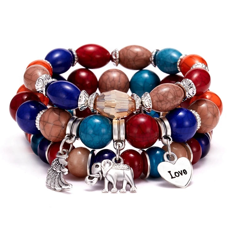 Ethnic Bohemian Charm Wing Heart Elephant Pendant Multilayer Beaded Boho Bracelet Set for Women