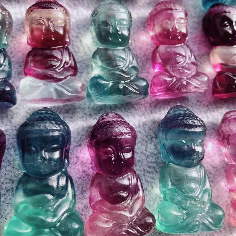 High Quality Polished Crystal Carving pink Purple Fluorite Buddha Meditation Crystal Buddha for Gift